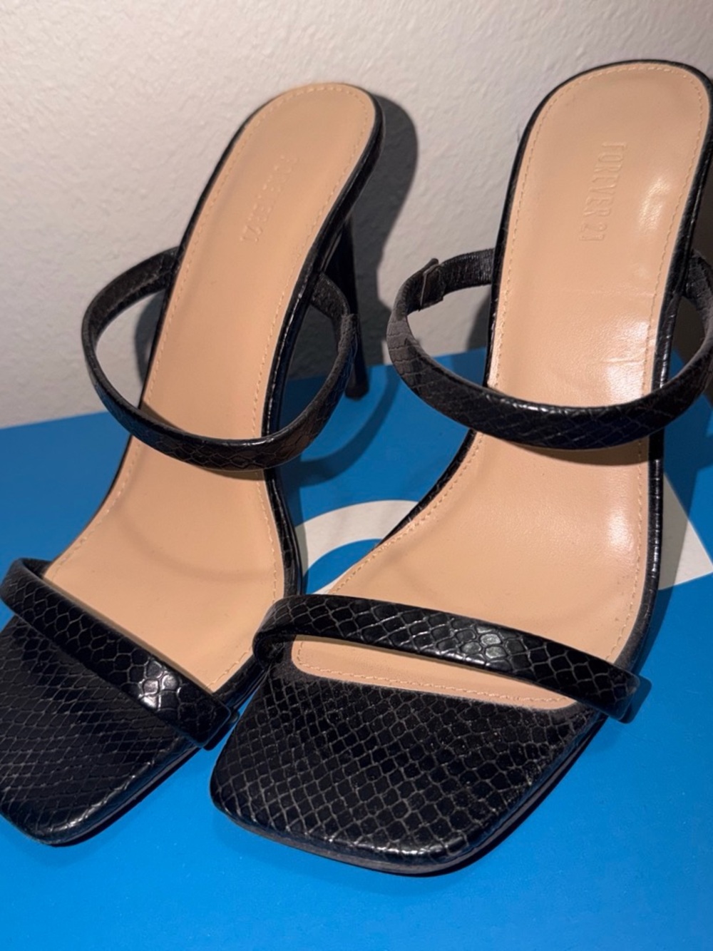 Black Strappy Square-Toe Heeled Sandals - Women